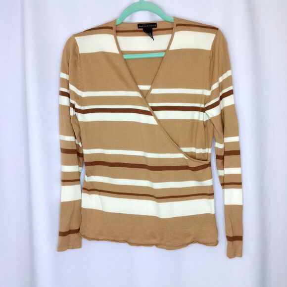 Madison Studio Faux Wrap V Neck Sweater Neutral Stripe Cotton Knit Lightwght Med - Picture 1 of 4